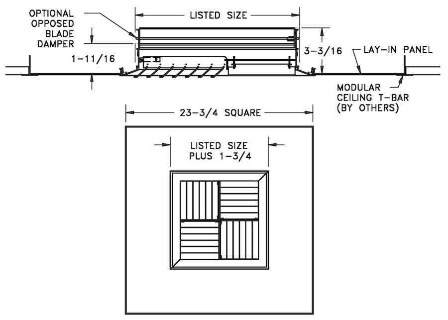 MCDST - Aluminum Modular Core Diffuser In T-bar Panel - dimensional drawing